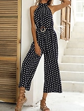 abordables mono de vacaciones-Mujer Normal Mono Activo A Lunares Sin Mangas Perneras anchas Cuello halter Bolsillo Estampado Diario Vacaciones Holgado Negro Vino Azul Marino Verano