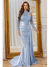 billiga Ballgowns för kvällsbruk-Sjöjungfru trumpet Svepsläp Telång Kvälls klänningar Balklänning med överkjol Formell klädsel Elegant Sidoslits Silkig Långärmad Hög hals Formell Satäng Paljetter med Pärldetaljer Paljett