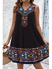 abordables Vestido Boho-Mujer Mini vestido Vestido de verano Vestido de una línea Casual Diario Festivos Holgado Floral Graphic Tribal Sin Mangas Escote en Pico Negro Beige Verano Primavera