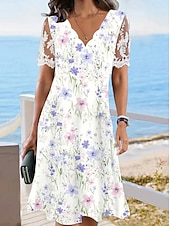 Χαμηλού Κόστους Casual Floral Φορέματα-γυναικεία φλοράλ στάμπα δαντέλας λαιμόκοψη δαντέλα μανίκι midi φόρεμα καθημερινές διακοπές κοντομάνικο καλοκαίρι άνοιξη