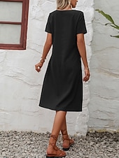 cheap Plain Dress-Women's Midi  Faux Cotton Linen  Dress A Line Dress Summer Dress Casual Daily Loose Fit Plain Short Sleeve Crew Neck Black Orange Army Green Apricot Summer