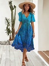 economico Abiti Floreali Stampati-Per donna Abito Midi Abito Boho Vestito in Chiffon Abito Floreale Moda Moderno Vacanza Ferie Vestibilità regolare Fiore Manica Corta Scollo a V Blu Verde chiaro Rosso Blu marino Estate