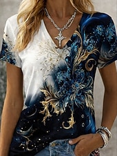 זול טי-שירט אמנות ועיצוב-בגדי ריקוד נשים חולצה קצרה דפוס גראפי צמחים צבע הדרגתי וינטאג' מסוגנן קלסי שרוולים קצרים צווארון V חולצות רגילות יומי פול שחור ולבן לבן / כחול קיץ אביב
