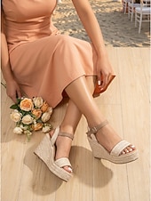 abordables Invitado a la boda-Sandalias de cuña beige para mujer: zapatos de dama de honor cómodos para bodas en la playa, ceremonias de verano al aire libre, tacones elegantes para invitadas de boda.