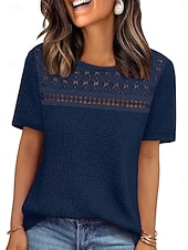 abordables Plain tee-Women's Eyelet Top T Shirt Tee Top Solid Color Fashion Classic Casual Short Sleeve Crew Neck Regular Tops Daily Going out Weekend Black Red Navy Blue Khaki Summer Spring