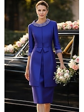 abordables Conjuntos de vestidos para mamá-Dos Piezas Funda Columna Hasta la Rodilla Vestido Invitada Boda Vestido de Madrina Correas Joya Elegante Invitado a la boda Fiesta de Boda Iglesia Satén Vestidos de chaqueta con Cinta / Lazo Lazo(s
