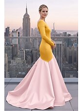 levne Šaty na večer ve tvaru A-A-Linie Dlouhá vlečka Šaty pro svatební hosty Formální šaty Večerní šaty Šaty Elegantní Dlouhý rukáv Jedno rameno Maturitní ples Formální Satén s Barevné bloky