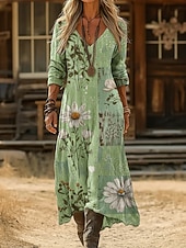 economico Abito Boho Etnico-Per donna Abito maxi Abito Boho Abito Vintage Vestito Casual Vintage Quotidiano All'aperto Vacanza Vestibilità regolare Floreale Manica Lunga Scollo a V Blu Giallo Chiaro Verde chiaro Viola chiaro
