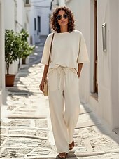 cheap Sets-15% Linen Women's Pants Sets Linen Sets Basic Pure Color Pocket Elastic Waist T Shirt Pant Daily Street Long Sleeve Crew Neck Blue Black White Navy Blue Light Brown Summer Spring