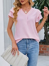 billige Plain t-skjorte-Dame T skjorte T-skjorte Drapering عادي Mote Stilfull Klassisk Kortermet V-hals Vanlige topper Daglig Ut på byen Helg Svart Hvit Rosa Himmelblå Fuksia Sommer Vår
