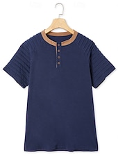 お買い得  カジュアルヘンリーTシャツ-男性用 ヘンリーシャツ Tシャツ 半袖 パッチワーク ファッション デザイナー カジュアル フリル ボタン ヘンリー カジュアル 日常 アウトドア 夏 春 オールシーズン ロイヤルブルー ヘンリーTシャツ