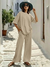 cheap Sets-15% Linen Women's Pants Sets Linen Sets Basic Pure Color Pocket Elastic Waist T Shirt Pant Daily Street Long Sleeve Crew Neck Blue Black White Navy Blue Light Brown Summer Spring