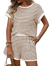 cheap Women's Blouse Suits-Women's Two Piece Sets Shorts Sets Short Sleeve Crew Neck Striped Fashion Streetwear Casual Daily Outdoor Black Pink Dark Pink Summer Regular Fit