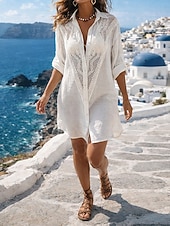abordables Robes-Femmes Mini Robe Robes effet lin Robe Chemise Robe Blanche Vêtement couvrant Hawaïen Plage Vacances Fête Coupe Ample manche longue Col de chemise Noir Blanche Été