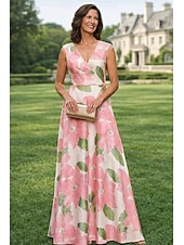 economico Abiti da Sera a Linea A-Linea ad A Lunghezza al pavimento Abito da Sera Elegante Floreale Senza Maniche Scollo a V Festa in giardino Formale Raso con Stampa floreale Pieghe Arricciato