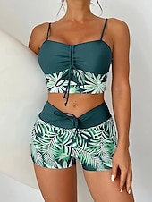 baratos Tankinis-Mulheres Roupa de Banho Tankini Cavado roupa de banho Patchwork Férias Roupa de Praia Gráfico Decote Redondo Sem Manga Fatos de banho
