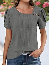 Χαμηλού Κόστους Δαντέλα κορυφές-Γυναικεία Πουκάμισο Πουκάμισο Pointelle Κορυφή ματιών Μπλούζα Μικρή Οπή Κουμπιά Σκέτο Βίντατζ Στυλάτο Κλασσικό Κοντομάνικο Ασύμμετρο Κανονικά μπλουζάκια Causal Καθημερινά Παραλία