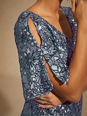 billiga Nyårsklänningar-Dam Maxiklänning Sheath Dress Elegant Kall axel Kvällsfest Paljetter Broderi Normal Blommig Kortärmad V-hals Dammig blå