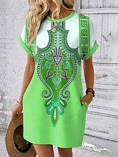 preiswerte Boho Kleid-Damen Minikleid Shiftkleid T-Shirt-Kleid Sommerkleid Lässig Täglich Ferien Date Normale Passform Grafik Stammes Ethnisch Kurzarm Rundhalsausschnitt Blau Rote Purpur Grün Sommer Frühling