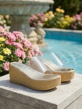 baratos Sandálias plataforma anabela-Sandálias anabela pretas femininas com tira transparente – chinelos transparentes para jardim, praia, piscina e férias. &amp;roupa casual