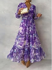 tanie Eleganckie sukienki kwiatowe-Damskie Długa sukienka sukienka maxi Sukienki szyfonowe Sukienka A line Elegancja Formalny Codzienny Impreza Gość weselny Regularny Kwiaty Długi rękaw W serek Fioletowy Fuksja Pomarańczowy Lato