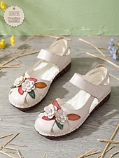 olcso Női lapos sarkú cipők-női bézs színű, valódi bőr Mary Jane szandál - vintage virágmintás, marhabőrből készült kényelmes cipő hétköznapi sétákhoz &amp;utazás