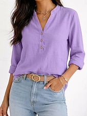 abordables Blusas Sencillas-Mujer Blusa Botones Color sólido Vintage Diario Elegante Manga Larga Escote en Pico Tops largos Diario Azul Piscina Negro Blanco Morado Verde Trébol Verano Primavera Otoño