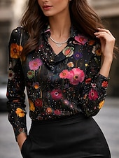  Mulheres Camisa Social Imprimir Com Pregas Floral Gráfico Elegante à moda Casual Manga Longa Gola Boba Tops regulares Diário Trabalho Feriado Preto Verão Primavera Outono