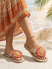 economico Infradito scivolosi-Sandali da spiaggia da donna color arancione acceso con girasoli - romantici sandali bohémien in paglia intrecciata con dettagli floreali per le vacanze estive e le fughe su isole tropicali &amp;feste in