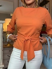 voordelige Effen Blouses-Dames Blouse strik voorkant Effen Kleur Stijlvol Casual Lange mouw Boothals Normale tops Dagelijks blauw Zwart Oranje Licht Blauw Lente Herfst
