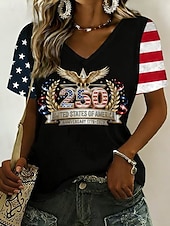 Amerikansk uavhengighetsdag Dame T skjorte Trykt mønster Grafisk Amerikansk flagg Årgang Stilfull Klassisk Kortermet V-hals Vanlige topper Daglig Svart Sommer Vår