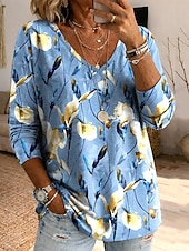 economico T-shirt floreale-Per donna Maglietta Stampato Floreale Grafico Piante Vintage Elegante Classico Manica Lunga Scollo a V Top lunghi Quotidiano Blu Bianco Viola chiaro Verde Estate Primavera