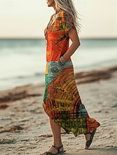 billige Etnisk Boho Kjole-Dame Maxikjole Boho-kjole Uformell kjole Kjole med A-linje Print kjole Årgang utendørs Feriereise Helg Løstsittende Fargeblokk Kortermet V-hals Regnbue Sommer Vår