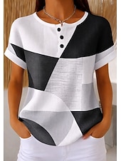 billige Blomster t-skjorte-Kvinne Waffle Teksturert Strikketopper T-skjorte Fargeblokk Grafisk Geometrisk Planter Stilfulle Klassisk Korte Ermer Crew Neck Rund Hals Daglig Sport Helg Svart og Hvit Hvit Lys Grønn Sommer