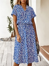 billige Uformelle blomsterkjoler-Dame Midikjole Uformell kjole Floral kjole Elegant Mote Moderne utendørs Feriereise Ut på byen Normal Blomstret Kortermet V-hals Blå Hvit Gul Navyblå Sommer Vår