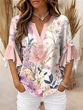 economico Bluse Floreali-Per donna Blusa Volant Stampato Floreale Grafico Vintage Quotidiano Elegante Manica 3/4 Scollo a V Top Regolari Quotidiano Ferie Abbigliamento da vacanza Rosa Viola Arancione Verde Estate Primavera