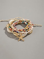 cheap Women's Necklace-Women's Multi-Layer Beaded Necklace and Bracelet Set with Starfish Pendant – Alloy Material, Bohemian Style, Colorful, Perfect for Vacation, Beach and Daily Casual Wear