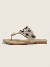 baratos Mulheres-Chinelo feminino boho com aplicações de joias - elegante cristal azul royal &amp;Sandálias rasteiras com tira em T e pérolas, perfeitas para férias na piscina e escapadelas na praia. &amp;roupas de resort de