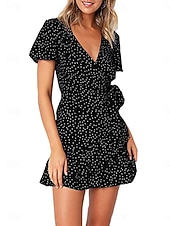 abordables Vestidos florales-Mujer Mini vestido Vestido informal Vestido Estampado Elegante Moda Moderno Exterior Vacaciones Noche Ajuste regular A Lunares Manga Corta Escote en Pico Negro Rojo Azul Oscuro Verano Primavera Otoño