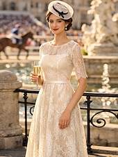 abordables Longitud a la altura del tobillo-Corte A Vestido Midi Vestidos de novia Vestidos para la despedida de soltera Vestido de novia Vestidos Blancos Vestidos Novia en Color Media Manga Escote de ilusión Graduación Cumpleaños Encaje con