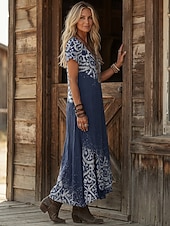 お買い得  エスニックボヘミアンドレス-女性用 マキシドレス 自由奔放に生きるドレス カジュアルドレス A ラインドレス プリントドレス ヴィンテージ アウトドア バケーション 週末 ルーズフィット グラフィック 半袖 Ｖネック ブラック イエロー ライトグリーン ピンク 夏 春