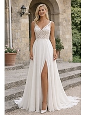 Недорогие Свадебные платья-Свадебные Платья На Пляже L-образной Формы V Вырез Без Рукавов Длинного Пола Шифон Невесты С Аппликациями Разрез Спереди