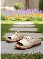 cheap Slide Sandals-Women's White Faux Leather Slide Sandals with Gold Buckle Casual Style for Garden Walks Vacation and Daily Errands