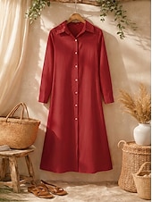 cheap Dresses-Women's Midi Dress Linen-feel Dresses Shirt Dress Casual Dress A Line Dress Fashion Basic Modern Daily Vacation Going out Regular Fit Plain Long Sleeve Shirt Collar Blue Black Wine Orange Spring Fall