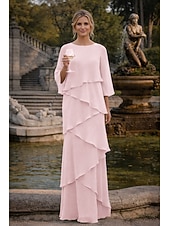 preiswerte Bodenlänge-Schlauchkleid Bodenlang Kleid für Hochzeitsgäste Abendkleid Brautmutterkleid Dreiviertelarm Rundhalsausschnitt Elegant Formell Chiffon mit Rüschen