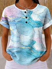  T-shirt en gaufre pour femmes impression graphique géométrique vintage élégant classique à manches courtes col rond hauts réguliers quotidiens noir et blanc noir blanc jaune rouge été printemps