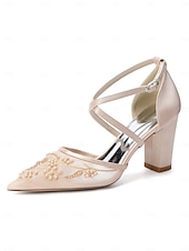 Недорогие Невеста-Женские свадебные туфли-лодочки цвета шампанского — элегантные свадебные туфли с вышивкой и массивным каблуком для свадеб в саду.