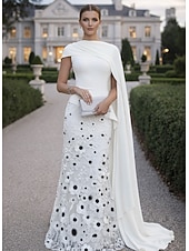  A-Line Sheath Column Floor Length Ball Gown with Cape Evening Gown Ball Gown Formal Dress Elegant Vintage Floral Short Sleeve Crew Neck Wedding Formal Stretch Fabric Cowl Back with Floral Print