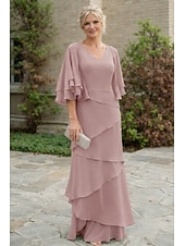 economico Lunghezza del pavimento-Due Pezzi Linea ad A Lunghezza al pavimento Abito da invitata a nozze Abito Formale Abito a Strati Abito da cerimonia per signora Mezza Manica Scollo a V Elegante Con Stola Ospite di nozze Festa di