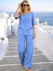  Per donna Set di Pantaloni Mezza Manica Girocollo Grafico Geometrico Elegante Vacanza Casuale Quotidiano Vacanza Blu Bianco Viola Estate Vestibilità regolare
